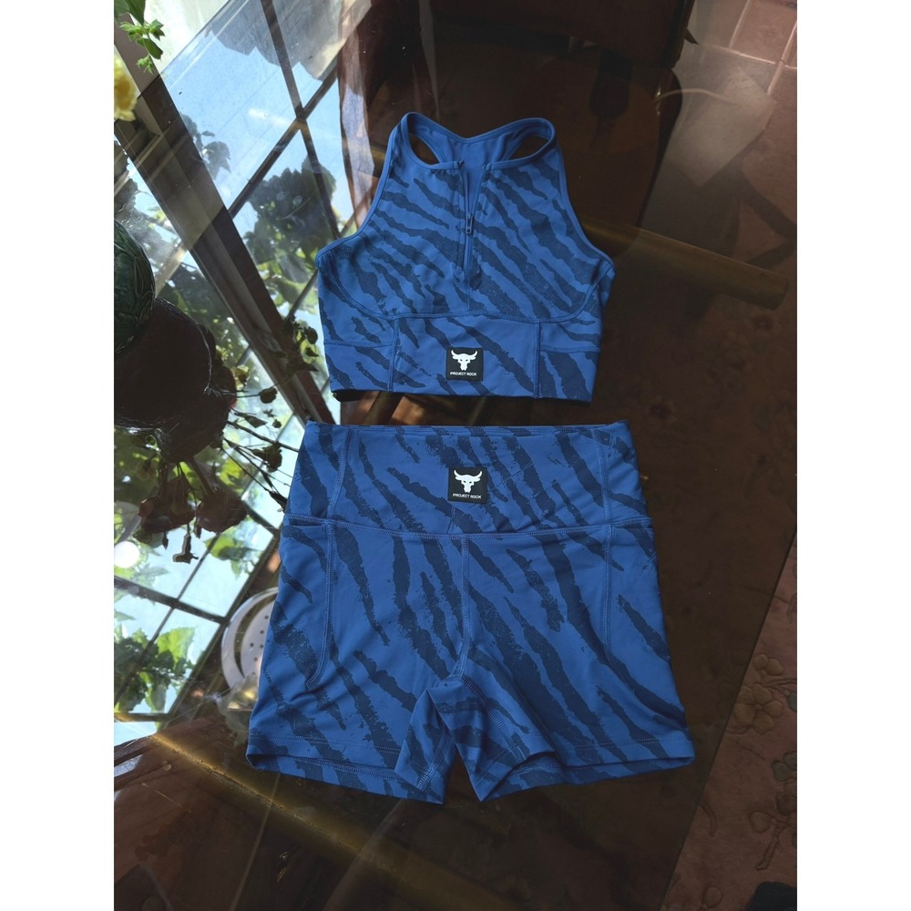 Under Armour Project Rock Blue Tiger Print Sports Bra and Shorts Set Gym Outfit